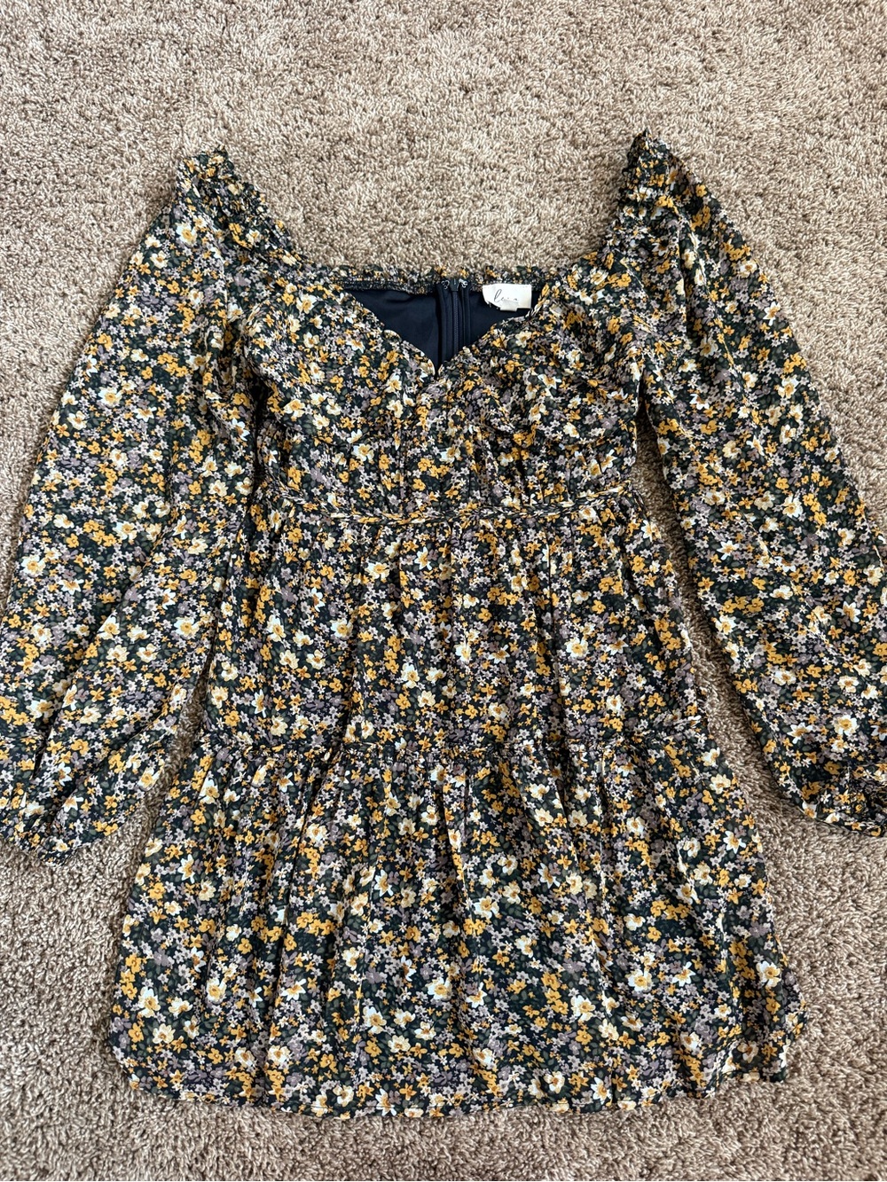 Lena Floral Long Sleeve Mini Dress in Mustard, Black & White